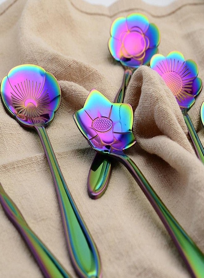 Litvibes Stainless Steel Creative Tableware Flower Dessert Spoon,Sugar Spoon,Mixing Spoon,Tea Spoon,Stirring Spoon,Cake & Ice Cream Spoon,Stir Bar Rainbow Spoons -Set Of 6 (Random) - 13 Cm - Image 2